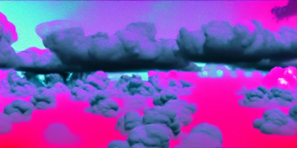Prompt: vaporwave combat drone strike war footage, ir, chromatic aberration!!!!!!!!!!!, broken camera colors, iridescent!!!!!!!!! saturated infrared camera, very high contrast, nuclear cloud, high angle vertical, inversed color, clouds, jpeg compression