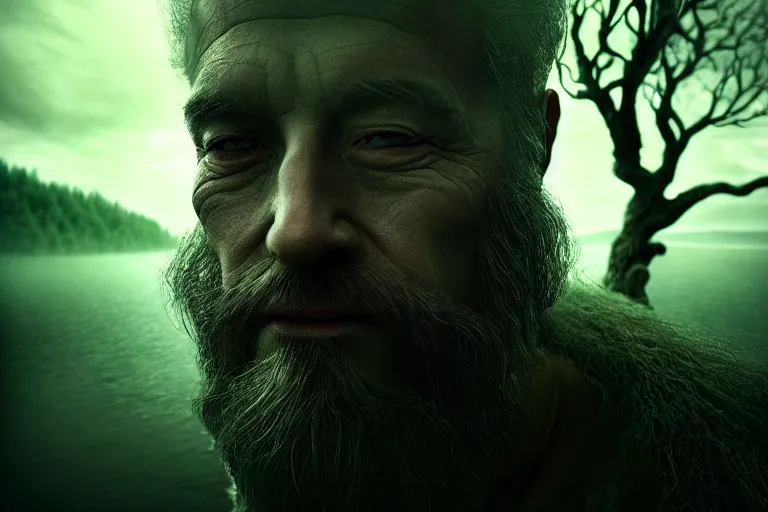 Image similar to an ultra realistic, cinematic headshot portrait, of an evil tree wizard, background of a vast serene landscape, with trees and rivers, detailed, deep focus, movie still, dramatic lighting, ray tracing, by michal karcz and yoshitaka amano