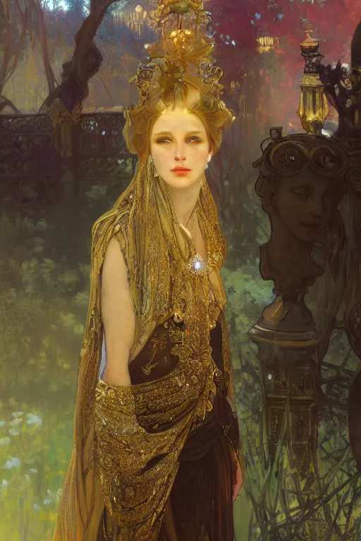 Prompt: a girl emperorit is decorated with long robes that fall like golden stars, an ostentatious palace and garden are seen in the background. by jeremy mann and alphonse mucha, fantasy art, photo realistic, dynamic lighting, artstation, poster, volumetric lighting, very detailed faces, 4 k, award winning