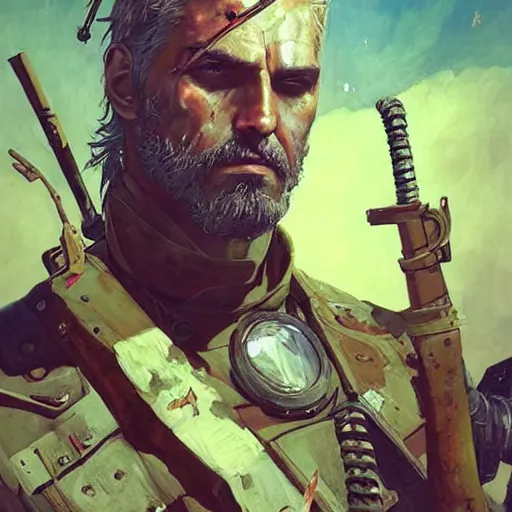 Image similar to Rustpunk Zeus Magician Portrait portrait portrait Dungeon Interior Man MetalgearSolid TheWitcher3wildhunt Cover Art Face Head Eyes Snack Pilot Wearing Shell Vest Kuvshinov Ilya Ismail Inceoglu Arnold Bocklin Jakub Rebelka dug stanat Anime Brushstrokes Oil Painting Impasto