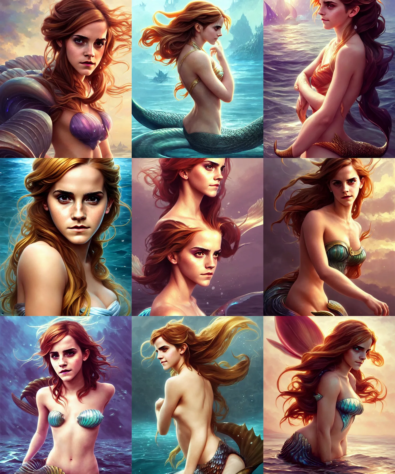 Prompt: Emma Watson as a mermaid, nami from league of legends, sci-fi, amber eyes, face, long hair, fantasy, intricate, elegant, highly detailed, digital painting, artstation, concept art, smooth, sharp focus, illustration, art by artgerm and greg rutkowski and alphonse mucha
