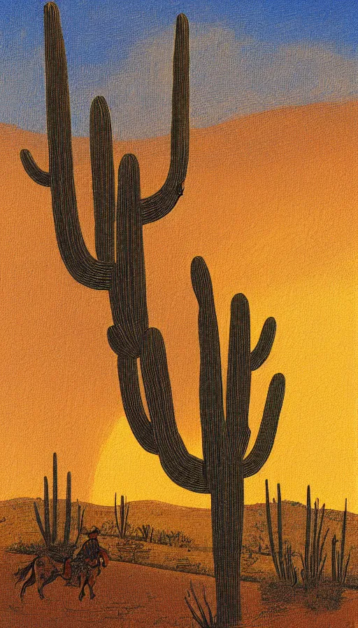 Image similar to painting of cowboy riding horse in the desert sunset, by Leonardo DaVinci, saguaro cacti, golden hour, dramatic lighting, intricate detail, canvas print