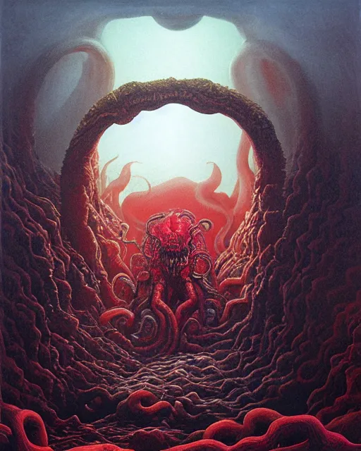 Prompt: a realistic painting of a lovecraft cthulhu creature inside a singular portal hell gate, shining its light across a tumultuous sea of red fluids and skulls by zdzisław beksinski and h. r. giger, translucent, photorealistic, hyperrealism, high resolution, ultra - detailed