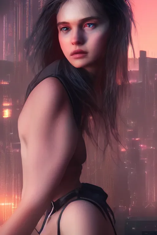 Prompt: hyperrealistic close up portrait of stunningly beautiful girl, lit by dawn light, cyberpunk city on background, trending on artstation, unreal engine