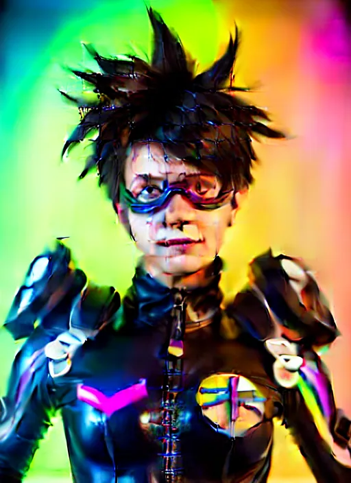 Image similar to hyperrealistic style portrait of tracer overwatch, confident pose, wearing black iridescent rainbow latex, rainbow, neon, 4 k, expressive happy smug expression, makeup, wearing detailed black leather collar, wearing sleek armor, studio lighting, black leather harness, expressive detailed face and eyes,