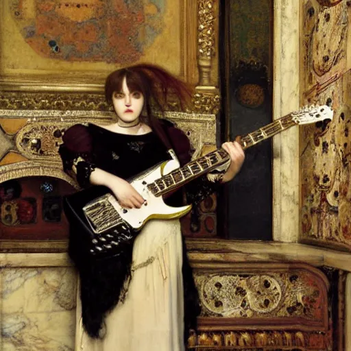 Image similar to Goth girl playing electric guitar by Mario Testino, oil painting by Lawrence Alma-Tadema, masterpiece