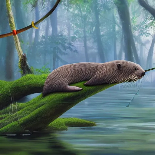 Image similar to painting of otter-fishman with fishing rod, stylized, octane render, morning forest river