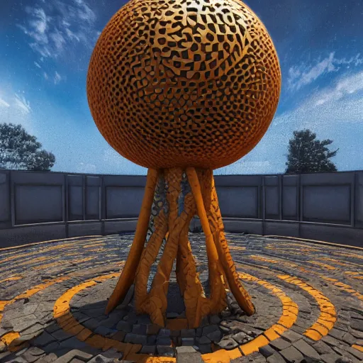 Image similar to : sphere sculpture covered with maze pattern,hyper detailed art station  parabolic lighting contest winners unrealengine trending on artstation,cinematic, hyper realism, high detail, octane render, 8k