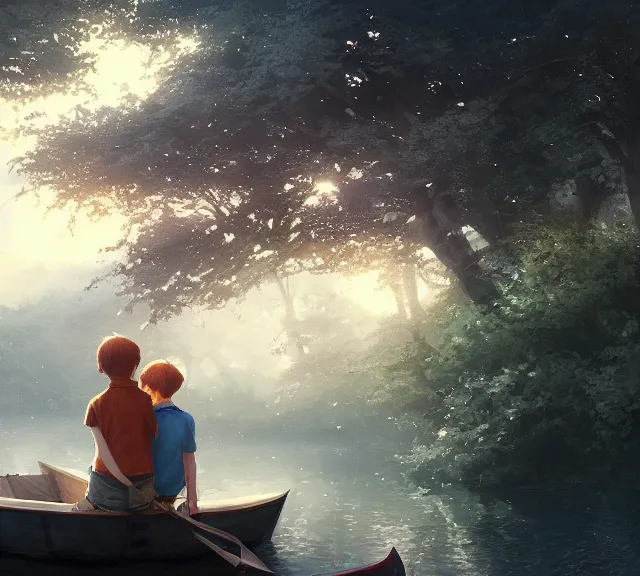 Prompt: a boy and a girl with long flowing auburn hair sitting together on the rowboat. Boy has black short hair, boy has black short hair. Atmospheric lighting, long shot, romantic, boy and girl are the focus, trees, river. details, sharp focus, illustration, by Jordan Grimmer and greg rutkowski, Trending artstation, pixiv, digital art