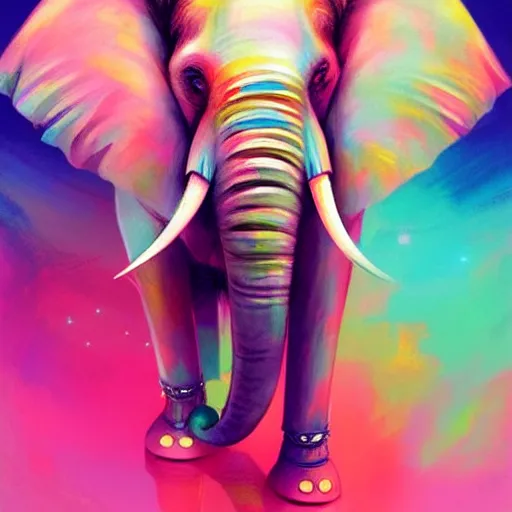 Prompt: colorful and festive elephant with pink hair,. rich vivid colors, ambient lighting, dynamic lighting, 4 k, atmospheric lighting, painted, intricate, highly detailed by charlie bowater
