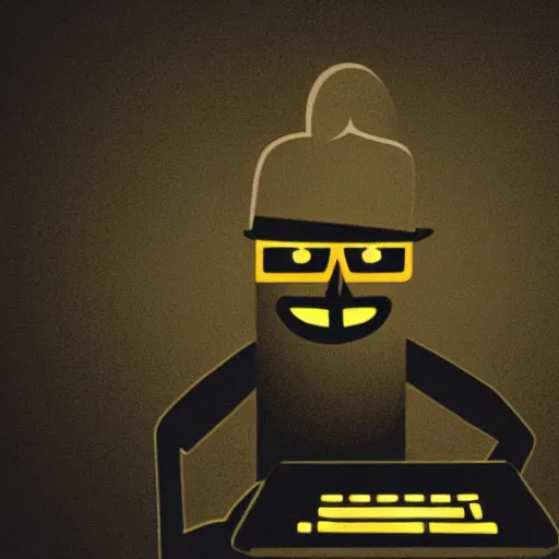 Prompt: anthropomorphic corn man typing on his laptop in a dark room