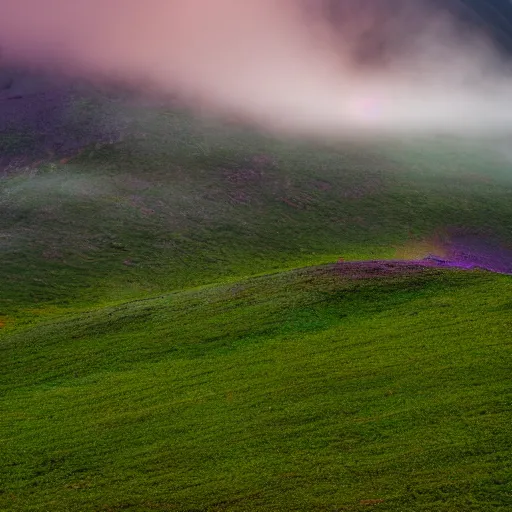 Prompt: Grass hill landscape with purple mountains in background light fog and dark sky