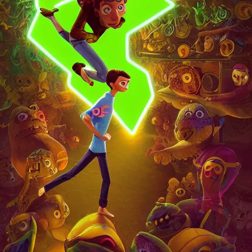 Prompt: a skinny young man with brown hair and glowing green eyes as a super hero, pixar cute, highly detailed, sharp focus, neon color, digital painting, floating particles, excitement, artwork by Jeremiah Ketner + Mati Klarwein + Fintan Magee + Chris Mars, background artwork by greg rutkowski