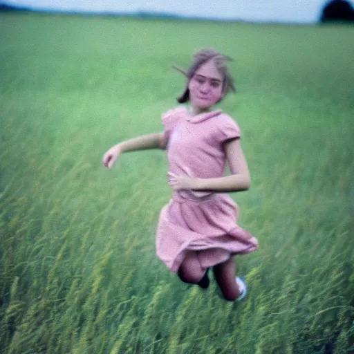 Image similar to kodachrome photo of a girl running through a field, in a dress, vintage, faded image, color bleed, grainy, motion blur, 1960s, 1950s