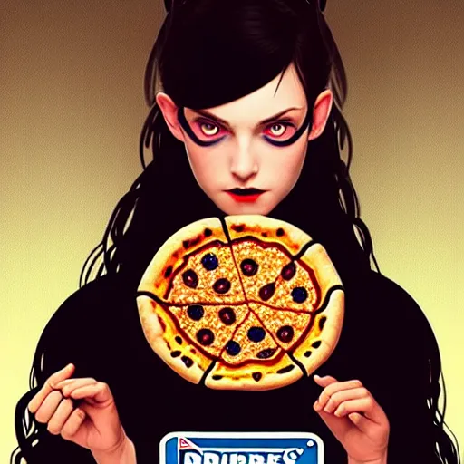 Image similar to portrait of teenage goth wynonna ryder flipping a pizza in the air in a dominos pizza, intricate, headshot, highly detailed, digital painting, artstation, concept art, sharp focus, cinematic lighting, illustration, art by artgerm and greg rutkowski, alphonse mucha, cgsociety
