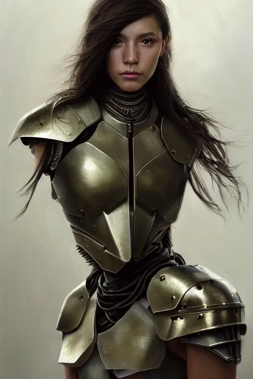 Image similar to a photorealistic painting of an attractive young girl, partially clothed in metal-plated battle armor, olive skin, long dark hair, beautiful bone structure, symmetrical face, perfect eyes, intricate, elegant, digital painting, concept art, illustration, sharp focus, minimal artifacts, from Metal Gear, in the style of Ruan Jia and Mandy Jurgens, by Greg Rutkowski, trending on Artstation, award winning