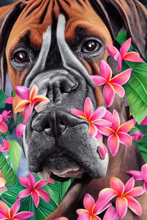 Image similar to ultra realistic illustration, portrait of a boxer plumeria tropical bouquet background, close up shot, fantasy, intricate, elegant, highly detailed, digital painting, artstation, concept art, smooth, sharp focus, illustration, surrealism