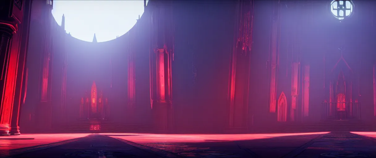 Image similar to symmetrical, centered, ancient church of worship with red shafts of light in destiny 2, foggy, liminal, dark, dystopian, beautiful architecture, abandoned, highly detailed 4 k 6 0 fps destiny 2 promotional poster image wallpaper, official image bungie website