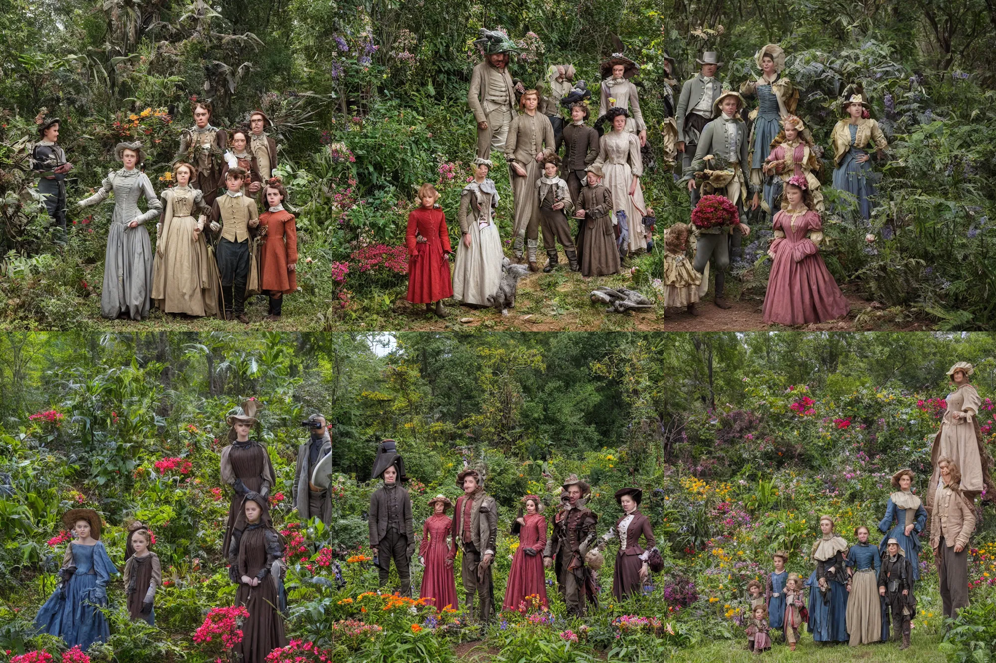Prompt: sharp, highly detailed, 43456k film, 175800mm film still from a sci fi blockbuster color movie made in 2019, set in 1860, of a family standing in a park, next to some strange alien plants and flowers, on an alien planet, the family are all wearing 1860s era clothes, good lighting, ultra high definition, ultra enhanced faces, in focus, 35mm macro lens