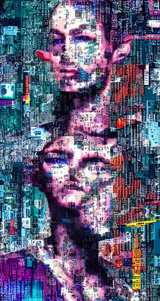 Image similar to Portrait of a Cyborg Queen, cyberpunk city back drop, Matrix Code Sky, collage art, mixed media, hypermaximalist, photo realistic, 8k