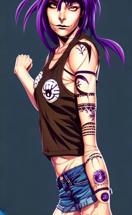 Image similar to a portrait of revy from black lagoon, dilraba dilmurarevy, smirk, black tank top, jean shorts, brown eyes, purple hair, tribal tattoos right arm sleeve, symmetrical eyes, symmetrical face, art by lois van baarle and loish and ross tran and rossdraws and sam yang and artgerm