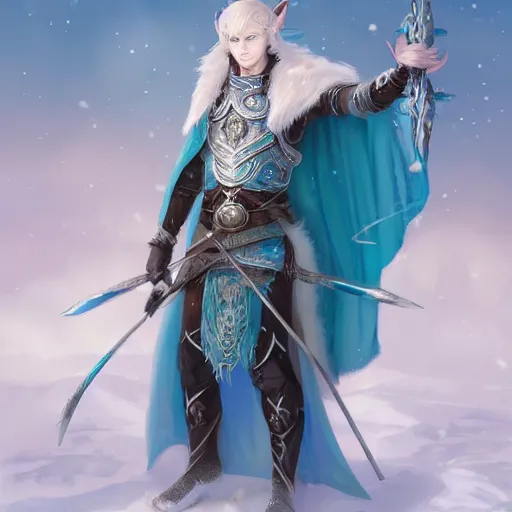 Image similar to half length portrait of a handsome male snow elf in a turquoise cape and silver ornate armour as an archer, albino skin, winter vibes, perfect face, elegant, very coherent symmetrical artwork, atmospheric lighting, rule of thirds, by wenjun lin, krenz cushart, charlie bowater, trending on artstation