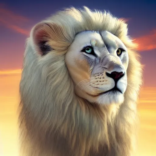 Prompt: ethernal giant white lion with angelic white mane and bright glowing mint eyes blending into white clouds in a heavenly blue sky