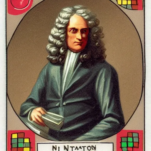 Image similar to mint condition topps rookie card trending on ebay of Isaac Newton inventing calculus while holding a red apple