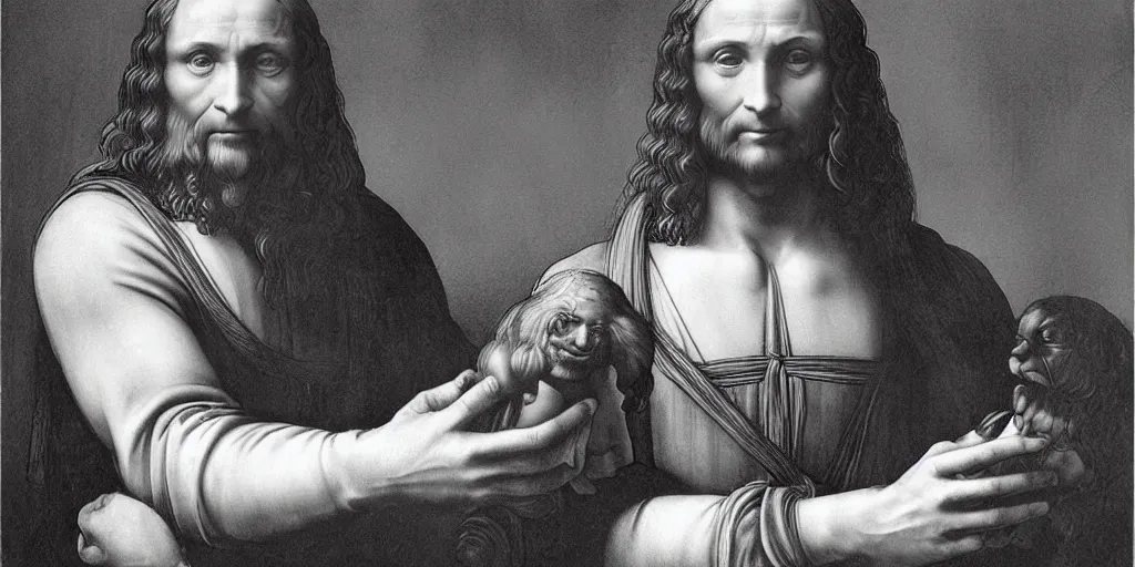 Prompt: portrait of leonardo da vinci holding a hand puppet. by Alex Ross.