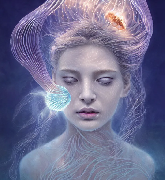 Image similar to underwater portrait of a goddess mermaid with (reaction diffusion) scaled fish skin Bioluminescent phoenix jellyfish, Her breath shot a haze of steam out into the frosty morning air concept, soft light, soft mood, realistic body features and face, illustration,intricate ornament halo, painting oil on canvas by Elena Zhurikhina and Goro Fujita and Charlie Bowater, octane render trending on artstation, 4k, 8k, HD
