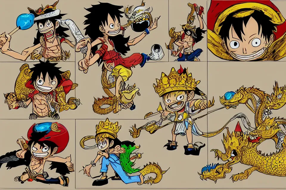 Image similar to concept sketches of luffy wearing a gold crown riding a large dragon by jamie hewlett, in the style of megaman, micro detail