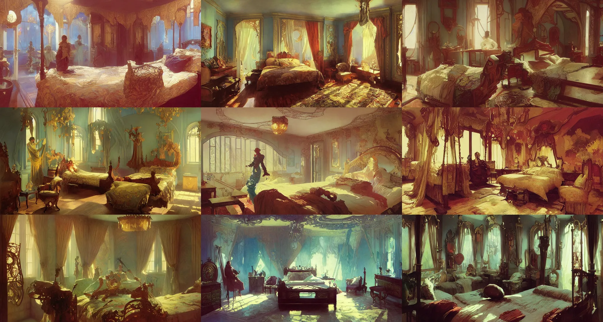 Prompt: bedroom, art nouveau, fantasy, art by joseph leyendecker, ivan aivazovsky, ruan jia, reza afshar, marc simonetti, alphonse mucha