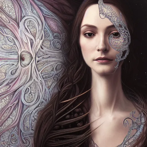 Image similar to facial portrait of a young pretty woman in flowing dress, arrogant, mysterious, long fine flowing hair, delicate, looking at camera, slightly awkward smile, realistic face, hands behind back, intricate, stylish, elegant, grimdark fantasy, flowers, extremely detailed painting inspired by Gerald Brom and Ernst Haeckel and Greg Rutkowski