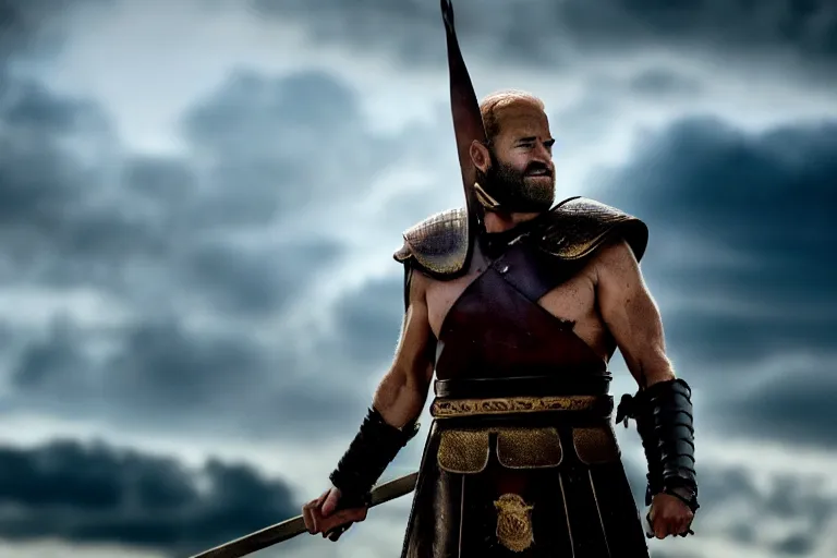 Image similar to cinematic action shot of joe biden as leonidas in 3 0 0 movie, 8 k, epic moody sky, dramatic lighting