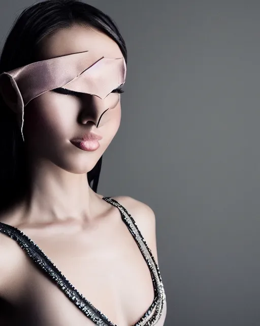 Image similar to in a twilight landscape, a young fashion model woman shows off her figure in a shiny party dress, face and eyes covered by a pointed geometry