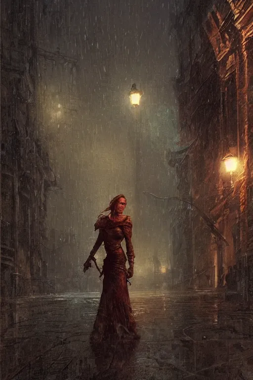 Prompt: Triss Merigold at night during rain, moody scene, highly detailed, intricate, sharp details, dystopian mood, 1950 scene by gaston bussiere, craig mullins, somber lighting, drawn by Giacomo Burattini, inspired by graphic novel cover art