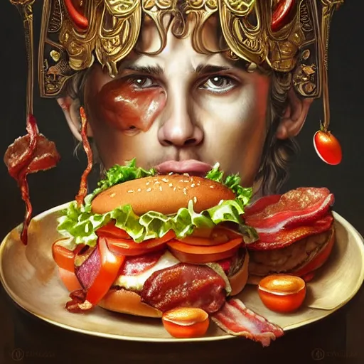 Image similar to detailed full body concept art illustration oil painting of Alexander the Great consuming hamburgers, extra ketchup, bacon lettuce and tomatos, oriental art nouveau, frock, mid body, radiant halo of light, black gold smoke ink, greek god covered in sliced tomatos and onions, peter mohrbacher, artgerm