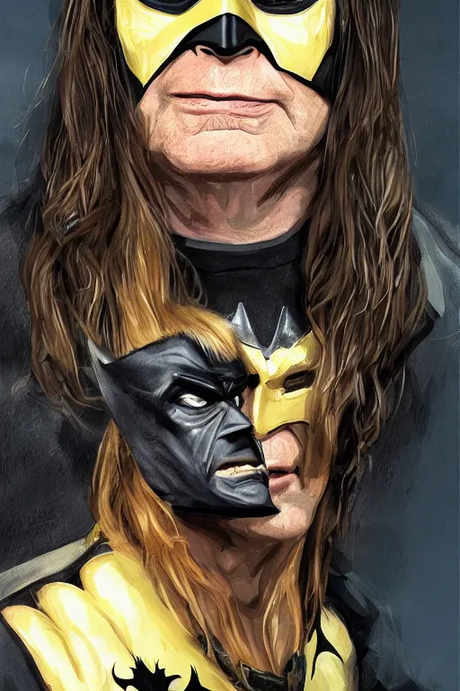 Image similar to portrait of Ozzy Osbourne as batman, highly detailed, artstation, concept art, sharp focus, illustration, art by Carel Fabritius
