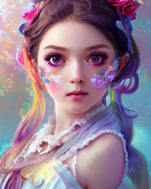 Image similar to portrait of magical lolita girl, dreamy and ethereal, expressive pose, big gold eyes, exciting expression, fantasy, intricate, elegant, many rainbow bubbles, rose tones, highly detailed, digital painting, artstation, concept art, cyberpunk wearing, smooth, sharp focus, illustration, art by artgerm and greg rutkowskiand alphonse mucha