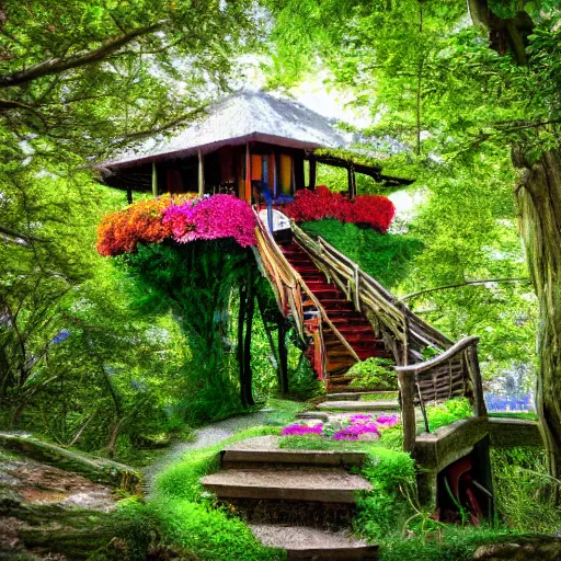 Image similar to a staircase to a treehouse covered in flowers, hd, high detail, vivid color