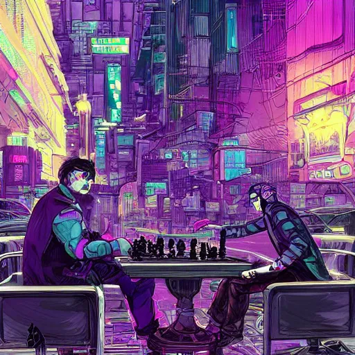 Image similar to high detailed people playing chess in a cyberpunk rainy city at night by josan gonzalez, hand drawn, illustration, purple and blue neons, unreal engine, high quality, 4 k, uhd, trending on artstation, wires, blade runner vibes, ghost in the shell, akira, dorohedoro
