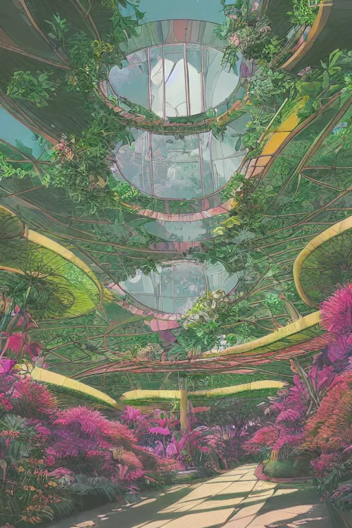 Image similar to concept art painting of a multi level botanical garden spaceship, artgerm, moebius, inio asano, toon shading, cel shading, calm, tranquil, vaporwave colors,