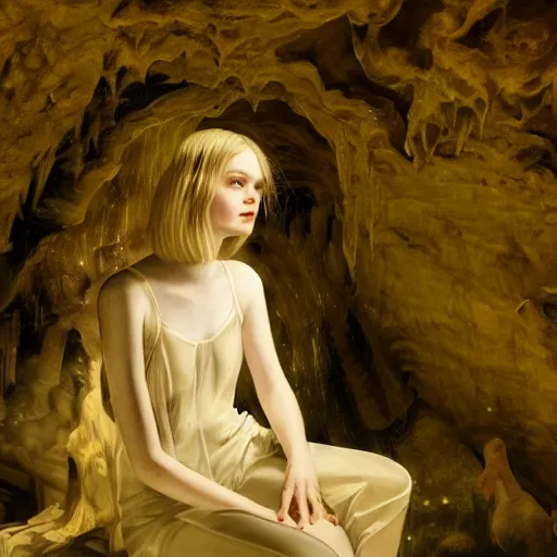 Prompt: Elle Fanning in a cave in the world of Adam Wyeth, head and shoulders portrait, stormy weather, extremely detailed masterpiece, oil on canvas, low-key neon lighting, artstation, Blade Runner 2049, Roger Deakin’s cinematography, by J. C. Leyendecker and Peter Paul Rubens and Edward Hopper and Michael Sowa,