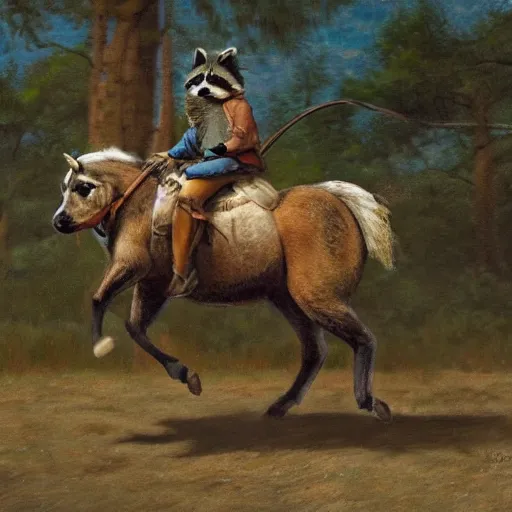 Prompt: a raccoon riding a horse, photorealist