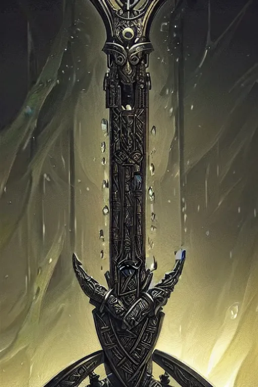 Prompt: masterpiece, medieval viking divine sword of power, shiny blade and stylized hilt, doom, elegant, majestic, epic, art by h. r. giger, greg rutkowski, josan gonzalez, alexey egorov, biomechanical, alchemy, monogram