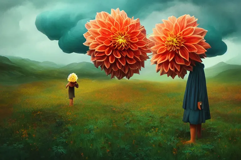 Image similar to face covered giant dahlia flower, girl on mountain, surreal photography, blue storm clouds, dramatic light, impressionist painting, digital painting, artstation, simon stalenhag