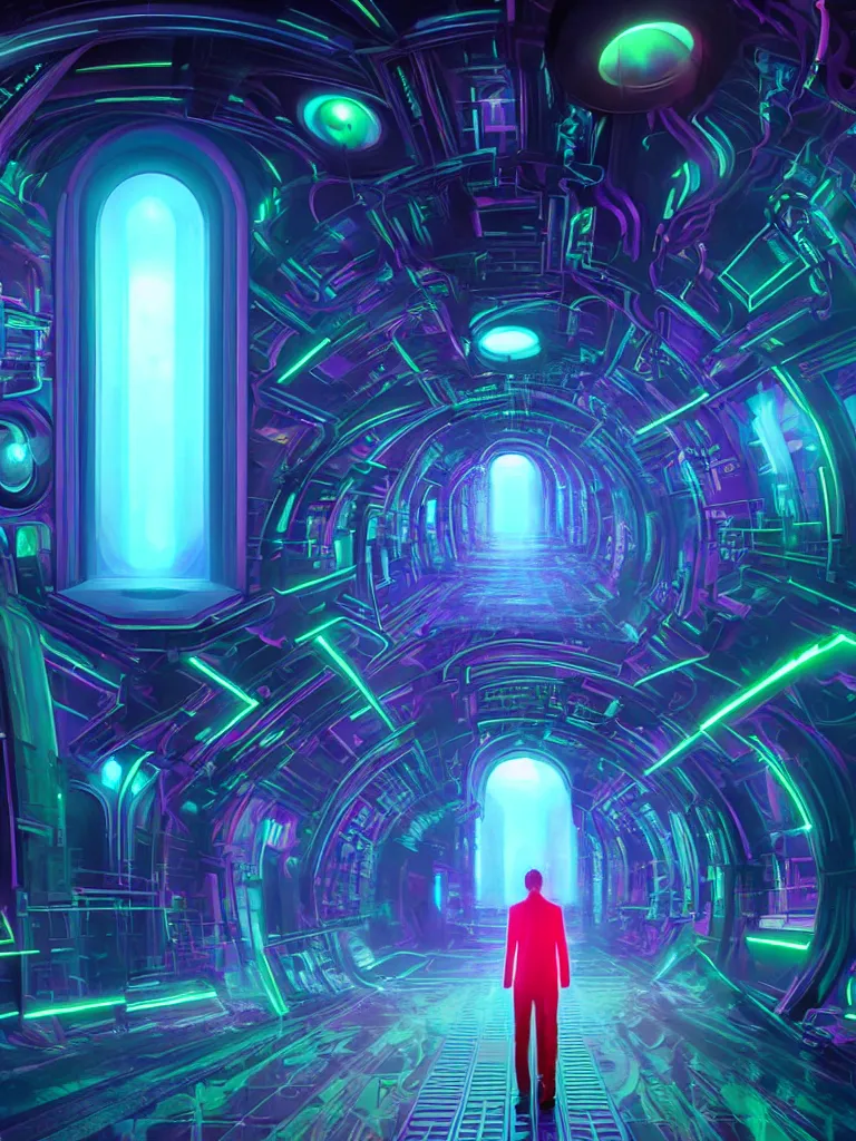 Prompt: entrance to mainframe ethereal realm, ai sentient, rendered in unreal engine, central composition, symmetrical composition, dreamy colorful cyberpunk colors, 6 point perspective, fantasy landscape with anthropomorphic terrain in the styles of igor morski, jim warren and rob gonsalves, intricate, hyperrealistic, volumetric lighting, neon ambiance, distinct horizon