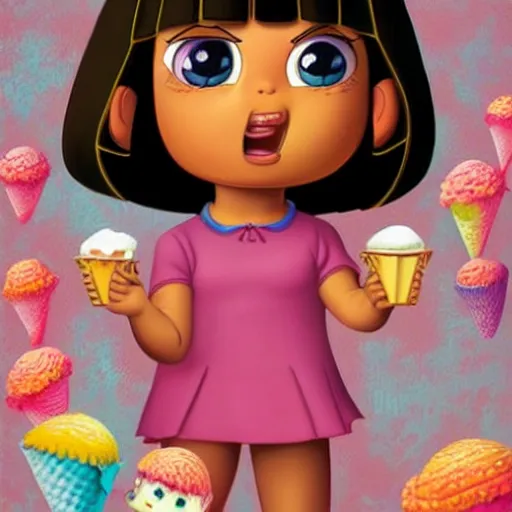 Image similar to dora the explorer as real girl holding ice cream, in lowbrow style, Pop Surrealism digital art by Mark Ryden and Todd Schorr, artstation