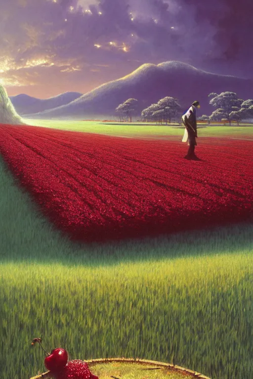 Prompt: a sour cherry field by david a hardy, noriyoshi ohrai, gary ruddell, ( greg rutkowski ), salvador dali, moebius, makoto shinkai, highly detailed, cinematic composition, trending on artstation