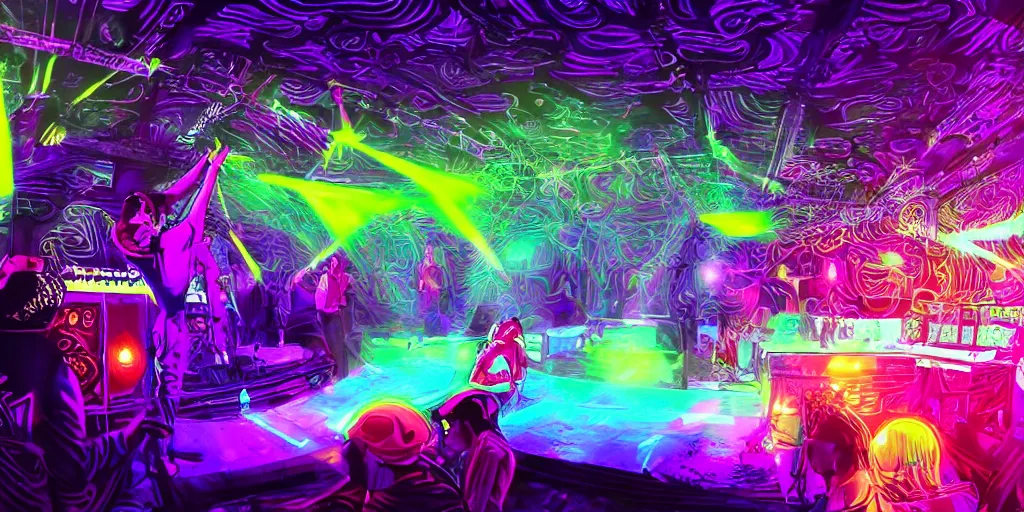 Prompt: psychedelic light show while rapper performs on stage, digital art, vapor wave, hip hop, surreal, trending on Artstation, professional artist, detailed, 4k